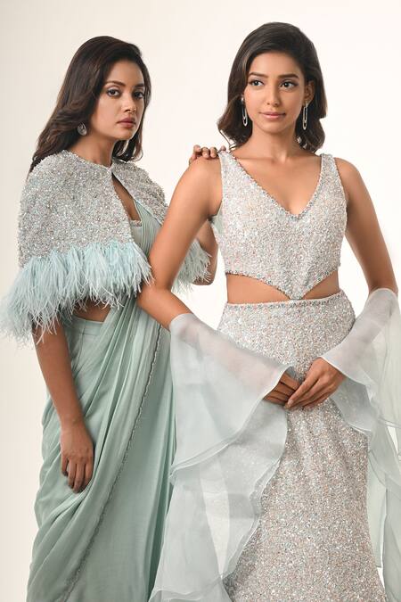 Buy_COUTURE BY NIHARIKA_Blue Organza, Viscose, Georgette Sequins Powder Designer Gown With Dupatta _Online_at_Aza_Fashions