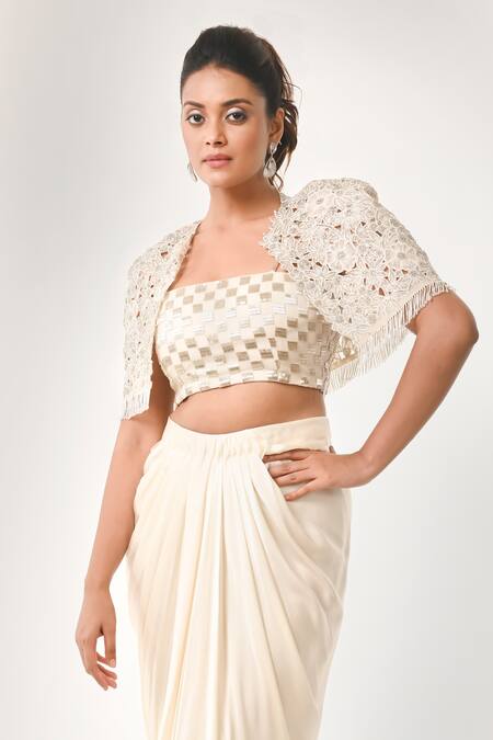 Buy COUTURE BY NIHARIKA Ivory Organza, Satin Embroidery Round Neck Cape Set Online at Aza Fashions Buy_COUTURE BY NIHARIKA_Ivory Organza, Satin Embroidery Round Neck Cape Set _Online_at_Aza_Fashions