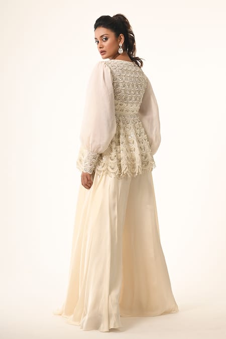 COUTURE BY NIHARIKA Ivory Organza Peplum Top & Pant Set 