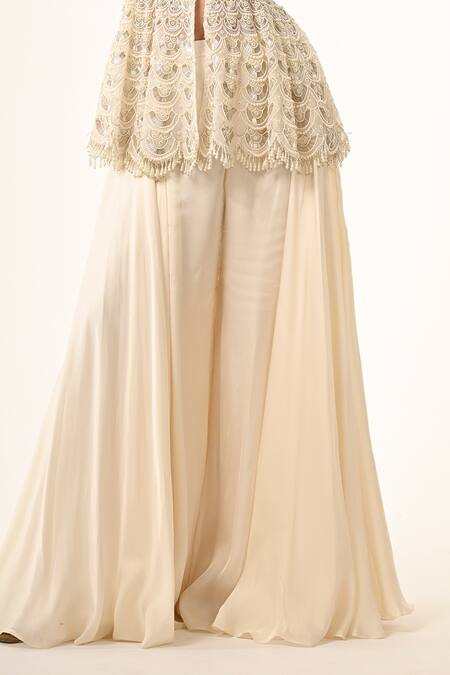 Buy_COUTURE BY NIHARIKA_Ivory Organza Embroidery V-neck Peplum Top And Pant Set _Online_at_Aza_Fashions