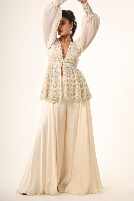Shop_COUTURE BY NIHARIKA_Ivory Organza Embroidery V-neck Peplum Top And Pant Set _Online_at_Aza_Fashions