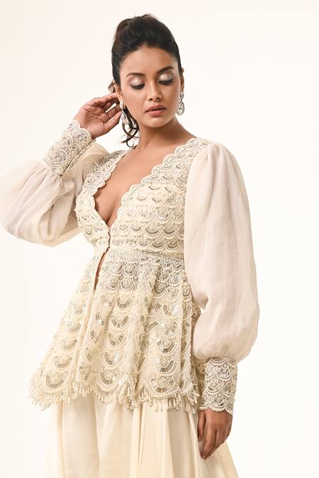 COUTURE BY NIHARIKA_Ivory Organza Embroidery V-neck Peplum Top And Pant Set _at_Aza_Fashions