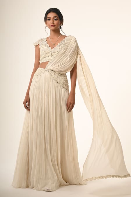 COUTURE BY NIHARIKA Designer Ivory Pre-Draped Lehenga Saree 
