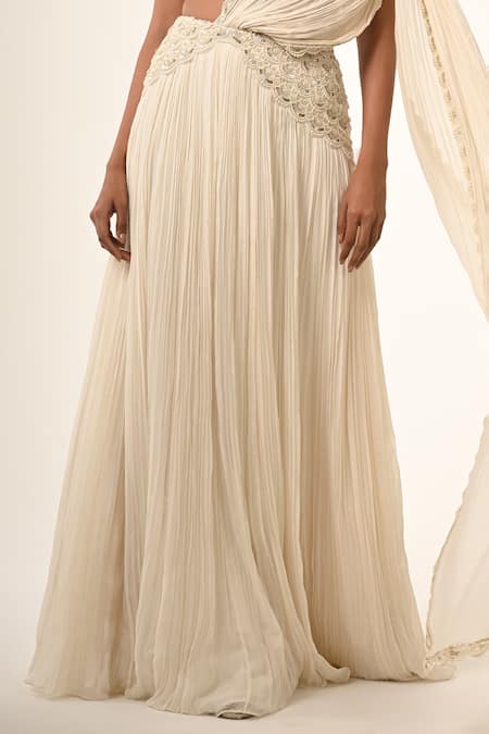 COUTURE BY NIHARIKA_Ivory Viscose, Georgette, Net, Organza Designer Pre-draped Lehenga Saree _Online_at_Aza_Fashions