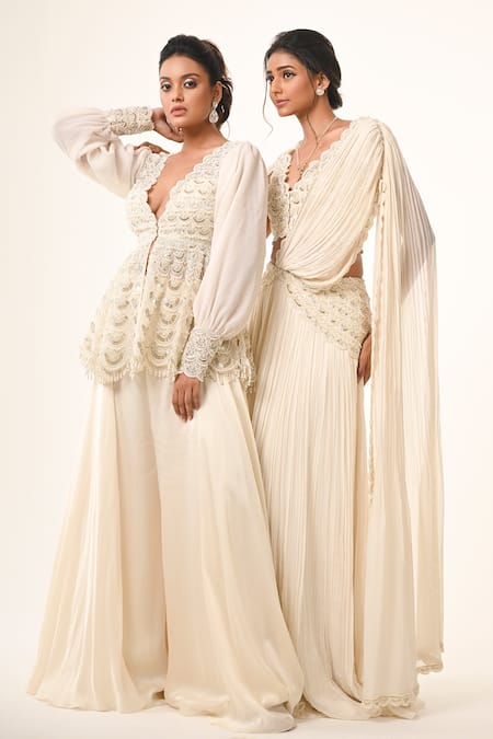 Buy_COUTURE BY NIHARIKA_Ivory Viscose, Georgette, Net, Organza Designer Pre-draped Lehenga Saree _Online_at_Aza_Fashions