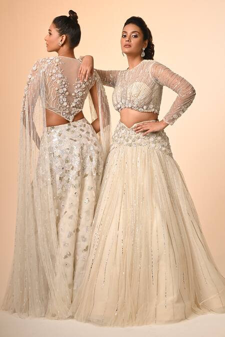 COUTURE BY NIHARIKA_Ivory Net, Organza Sequins, Embroidery Round Neck Designer Lehenga Set _Online_at_Aza_Fashions