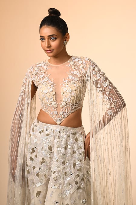 Buy_COUTURE BY NIHARIKA_Ivory Net, Organza Sequins, Embroidery Round Neck Designer Lehenga Set _Online_at_Aza_Fashions