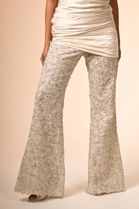 Shop_COUTURE BY NIHARIKA_Ivory Satin, Organza Lace, Embroidery One Designer Bodycon Top And Pant Set _Online_at_Aza_Fashions