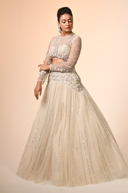 COUTURE BY NIHARIKA_Ivory Net Embroidery, Sequins Round Neck Designer Lehenga Set _Online_at_Aza_Fashions