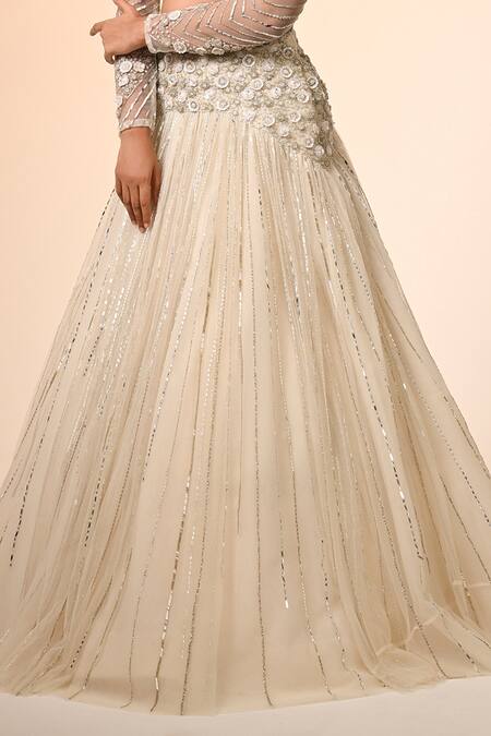 Buy_COUTURE BY NIHARIKA_Ivory Net Embroidery, Sequins Round Neck Designer Lehenga Set _Online_at_Aza_Fashions