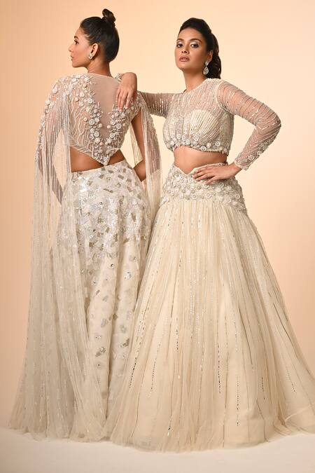 Shop_COUTURE BY NIHARIKA_Ivory Net Embroidery, Sequins Round Neck Designer Lehenga Set _Online_at_Aza_Fashions