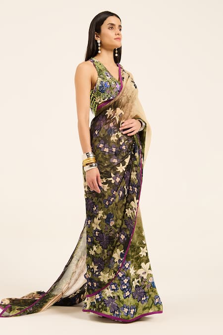 Buy Ruhr India Green Crepe, Organza Sequins Halter , Round Mayuri Hand Work Saree Set Online at Aza Fashions Buy_Ruhr India_Green Crepe, Organza Sequins Halter , Round Mayuri Hand Work Saree Set _Online_at_Aza_Fashions