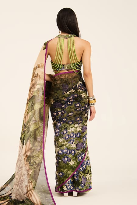 Shop Ruhr India Green Crepe, Organza Sequins Halter , Round Mayuri Hand Work Saree Set at Aza Fashions Shop_Ruhr India_Green Crepe, Organza Sequins Halter , Round Mayuri Hand Work Saree Set _at_Aza_Fashions