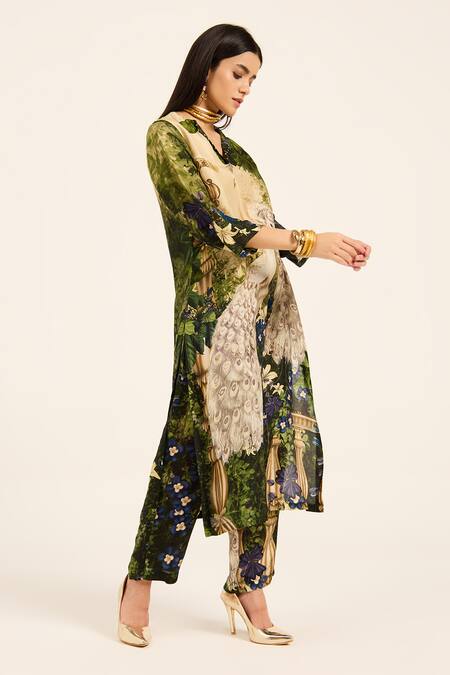 Ruhr India Green Silk Beads V-neck Meera Designer Kurta Set Online at Aza Fashions Ruhr India_Green Silk Beads V-neck Meera Designer Kurta Set _Online_at_Aza_Fashions