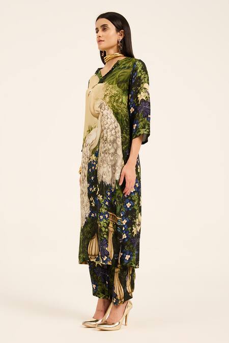 Buy Ruhr India Green Silk Beads V-neck Meera Designer Kurta Set Online at Aza Fashions Buy_Ruhr India_Green Silk Beads V-neck Meera Designer Kurta Set _Online_at_Aza_Fashions