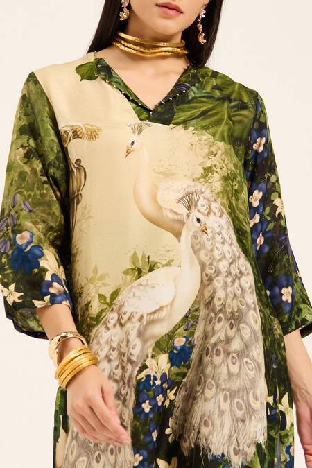 Shop Ruhr India Green Silk Beads V-neck Meera Designer Kurta Set Online at Aza Fashions Shop_Ruhr India_Green Silk Beads V-neck Meera Designer Kurta Set _Online_at_Aza_Fashions