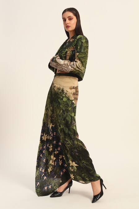 Ruhr India Green Satin Beads V-neck Murumuru Dhoti Skirt And Cropped Blazer Set Online at Aza Fashions Ruhr India_Green Satin Beads V-neck Murumuru Dhoti Skirt And Cropped Blazer Set _Online_at_Aza_Fashions