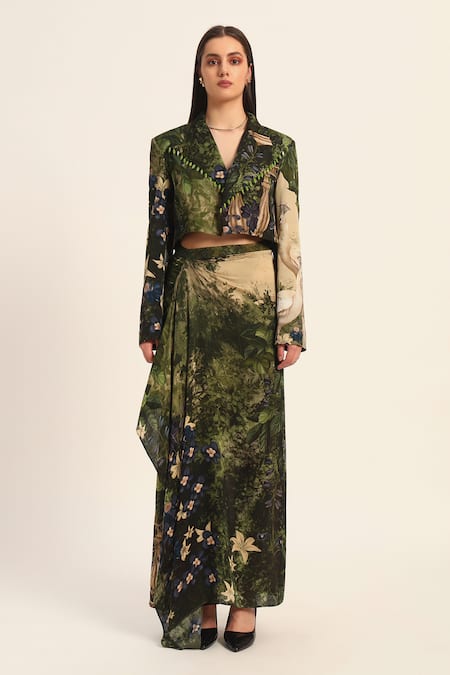 Shop Ruhr India Green Satin Beads V-neck Murumuru Dhoti Skirt And Cropped Blazer Set Online at Aza Fashions Shop_Ruhr India_Green Satin Beads V-neck Murumuru Dhoti Skirt And Cropped Blazer Set _Online_at_Aza_Fashions