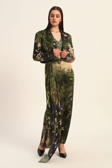 Ruhr India Green Satin Beads V-neck Murumuru Dhoti Skirt And Cropped Blazer Set 