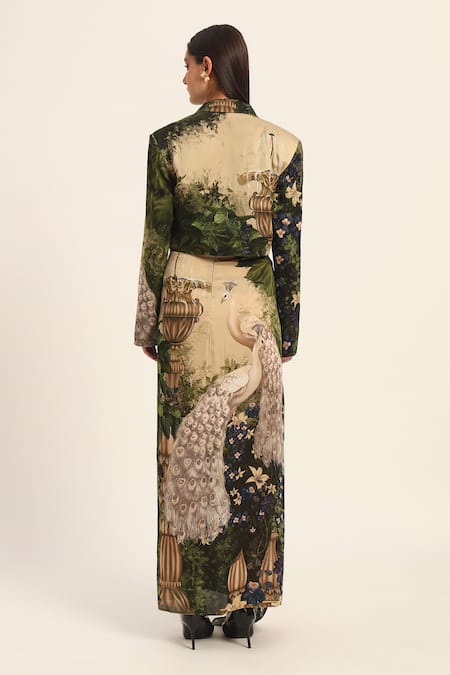 Shop Ruhr India Green Satin Beads V-neck Murumuru Dhoti Skirt And Cropped Blazer Set at Aza Fashions Shop_Ruhr India_Green Satin Beads V-neck Murumuru Dhoti Skirt And Cropped Blazer Set _at_Aza_Fashions