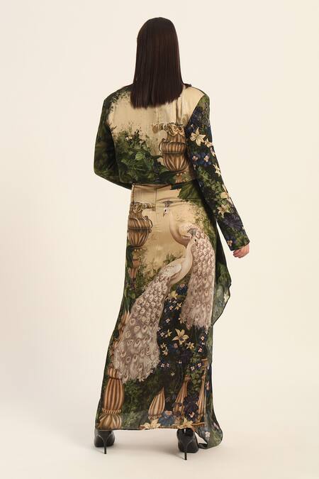 Buy Ruhr India Green Satin Beads V-neck Murumuru Dhoti Skirt And Cropped Blazer Set Buy_Ruhr India_Green Satin Beads V-neck Murumuru Dhoti Skirt And Cropped Blazer Set