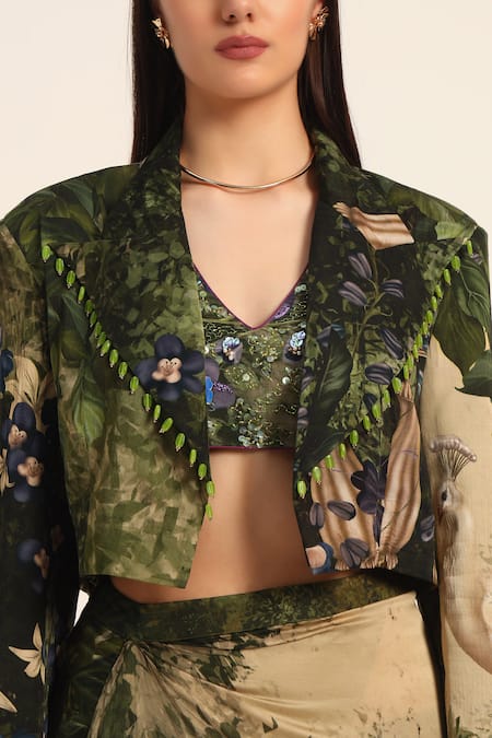 Shop Ruhr India Green Satin Beads V-neck Murumuru Dhoti Skirt And Cropped Blazer Set Shop_Ruhr India_Green Satin Beads V-neck Murumuru Dhoti Skirt And Cropped Blazer Set