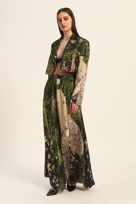 Ruhr India Green Satin Beads Multi Color Cropped Blazer And Dhoti Pant Set Online at Aza Fashions Ruhr India_Green Satin Beads Multi Color Cropped Blazer And Dhoti Pant Set _Online_at_Aza_Fashions