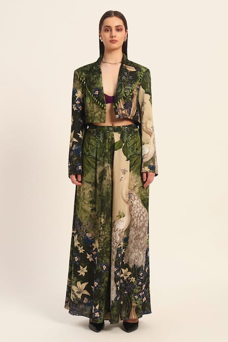 Ruhr India Green Satin Beads Multi Color Cropped Blazer And Dhoti Pant Set at Aza Fashions Ruhr India_Green Satin Beads Multi Color Cropped Blazer And Dhoti Pant Set _at_Aza_Fashions