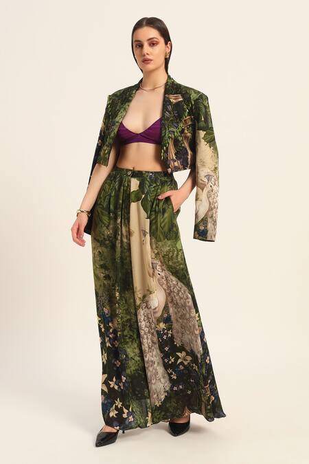 Buy Ruhr India Green Satin Beads Multi Color Cropped Blazer And Dhoti Pant Set Buy_Ruhr India_Green Satin Beads Multi Color Cropped Blazer And Dhoti Pant Set
