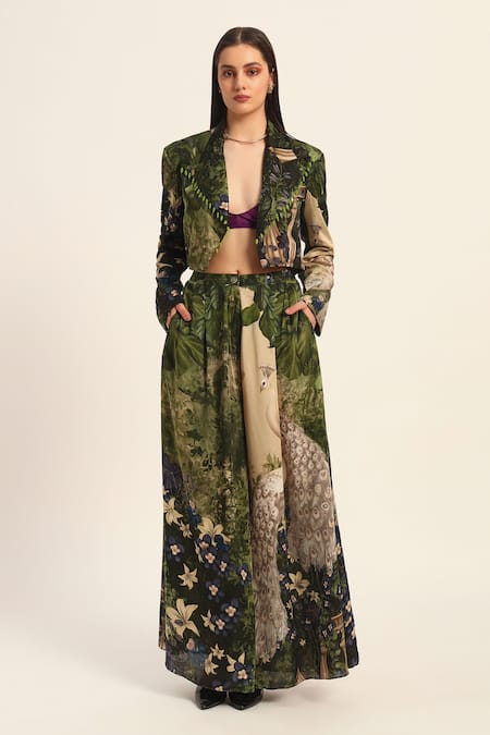 Ruhr India Green Satin Beads Multi Color Cropped Blazer And Dhoti Pant Set 