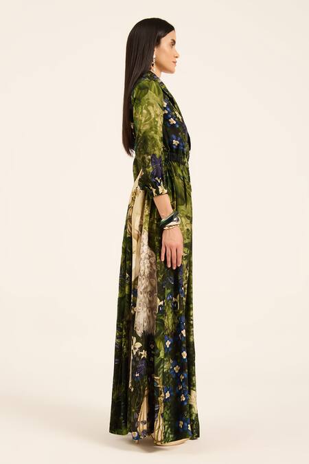 Ruhr India Green Silk Collared Meera Multi Color Designer Dress Online at Aza Fashions Ruhr India_Green Silk Collared Meera Multi Color Designer Dress _Online_at_Aza_Fashions