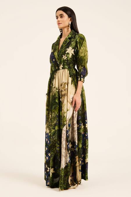 Buy Ruhr India Green Silk Collared Meera Multi Color Designer Dress Online at Aza Fashions Buy_Ruhr India_Green Silk Collared Meera Multi Color Designer Dress _Online_at_Aza_Fashions