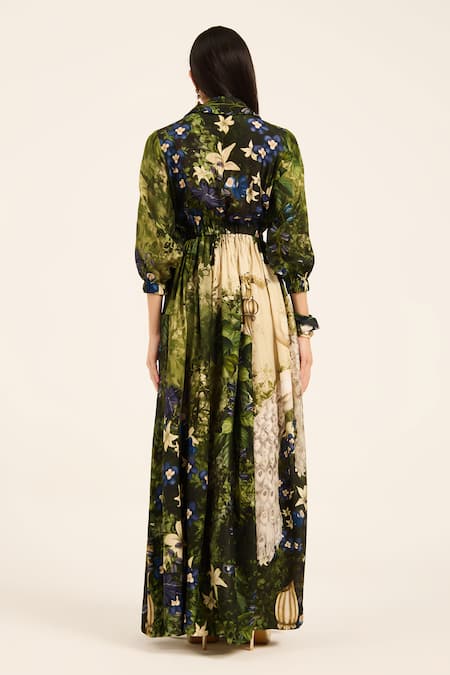 Shop Ruhr India Green Silk Collared Meera Multi Color Designer Dress at Aza Fashions Shop_Ruhr India_Green Silk Collared Meera Multi Color Designer Dress _at_Aza_Fashions