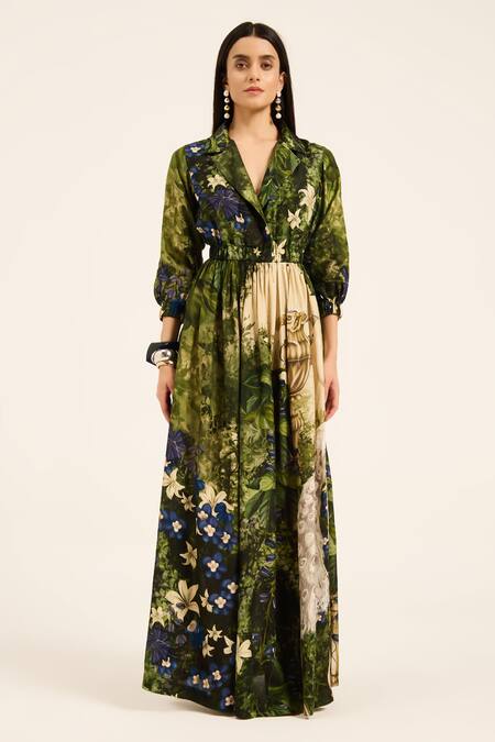 Shop Ruhr India Green Silk Collared Meera Multi Color Designer Dress Online at Aza Fashions Shop_Ruhr India_Green Silk Collared Meera Multi Color Designer Dress _Online_at_Aza_Fashions