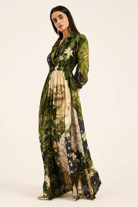 Ruhr India Green Silk Collared Meera Multi Color Designer Dress at Aza Fashions Ruhr India_Green Silk Collared Meera Multi Color Designer Dress _at_Aza_Fashions