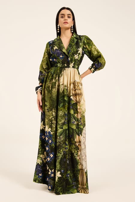 Ruhr India Green Silk Collared Meera Multi Color Designer Dress 