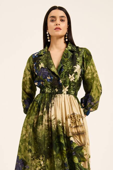 Buy Ruhr India Green Silk Collared Meera Multi Color Designer Dress Buy_Ruhr India_Green Silk Collared Meera Multi Color Designer Dress