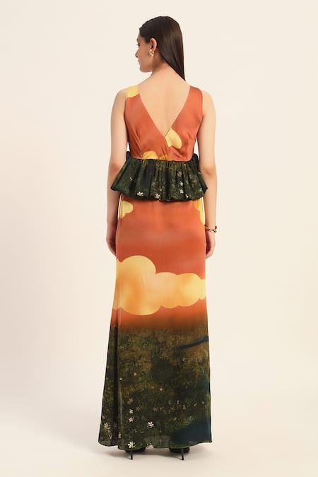 Shop Ruhr India Orange Satin Round Neck Multi Color Designer Abira Dress at Aza Fashions Shop_Ruhr India_Orange Satin Round Neck Multi Color Designer Abira Dress _at_Aza_Fashions