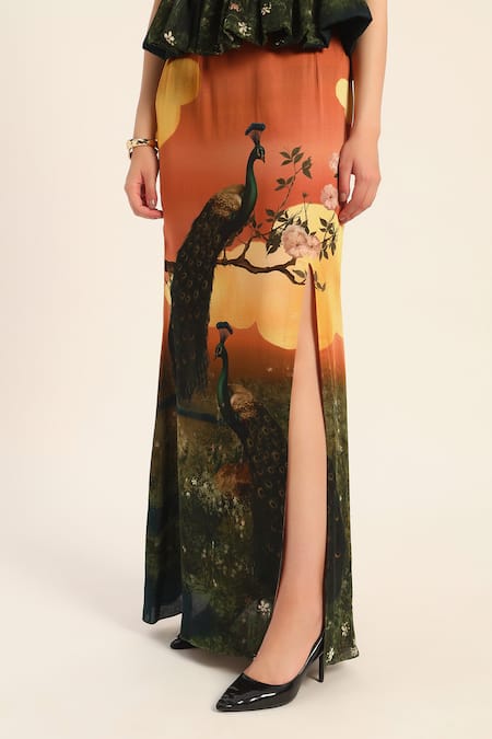 Buy Ruhr India Orange Satin Round Neck Multi Color Designer Abira Dress Online at Aza Fashions Buy_Ruhr India_Orange Satin Round Neck Multi Color Designer Abira Dress _Online_at_Aza_Fashions