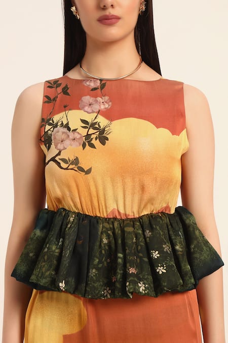 Ruhr India Orange Satin Round Neck Multi Color Designer Abira Dress at Aza Fashions Ruhr India_Orange Satin Round Neck Multi Color Designer Abira Dress _at_Aza_Fashions