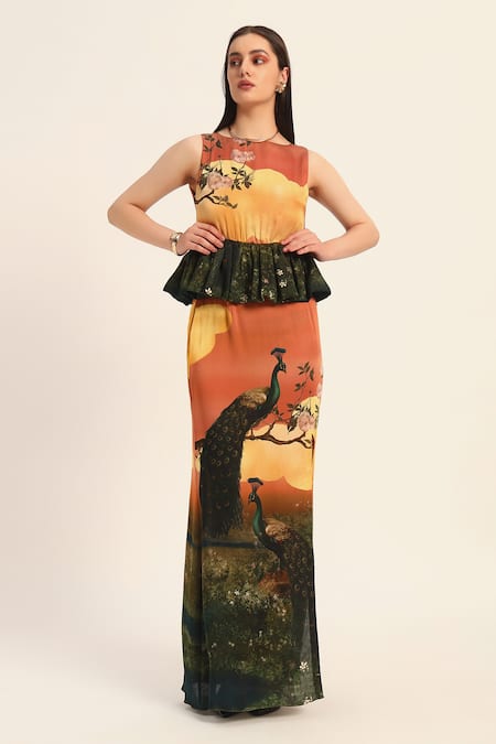 Ruhr India Orange Satin Round Neck Multi Color Designer Abira Dress