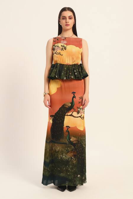 Buy Ruhr India Orange Satin Round Neck Multi Color Designer Abira Dress Buy_Ruhr India_Orange Satin Round Neck Multi Color Designer Abira Dress