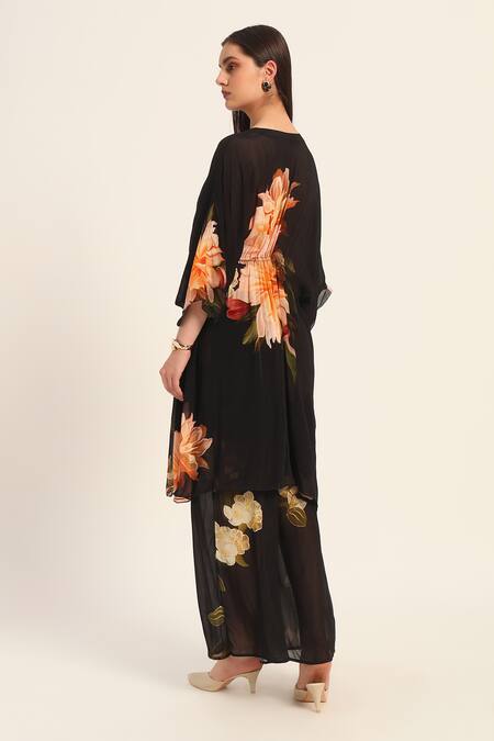 Ruhr India_Black Chiffon V-neck Floral Print Kaftan Set _Online_at_Aza_Fashions