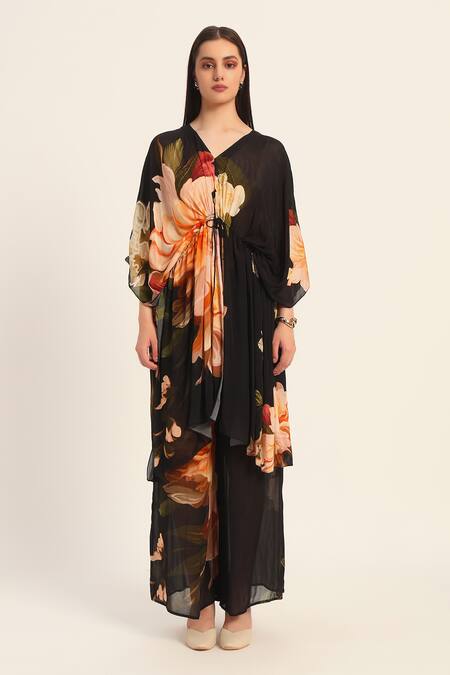 Buy_Ruhr India_Black Chiffon V-neck Floral Print Kaftan Set _Online_at_Aza_Fashions