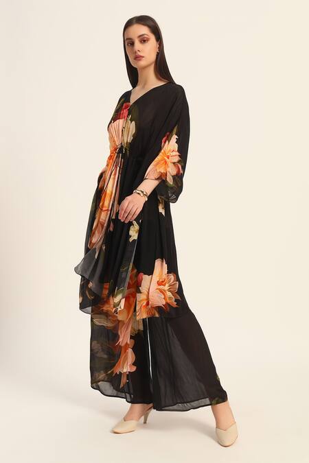 Shop_Ruhr India_Black Chiffon V-neck Floral Print Kaftan Set _Online_at_Aza_Fashions