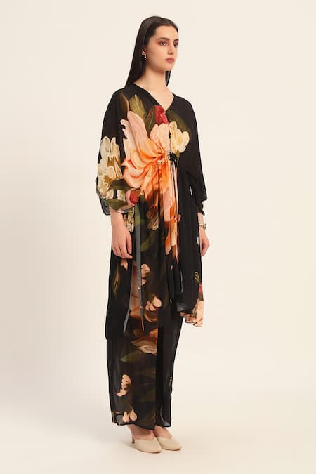 Ruhr India_Black Chiffon V-neck Floral Print Kaftan Set _at_Aza_Fashions