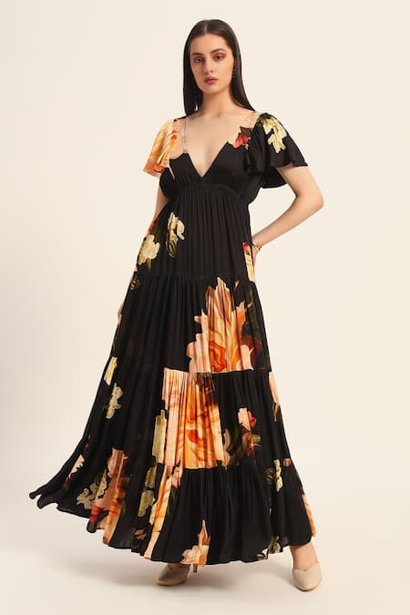 Ruhr India Black Satin V-neck Floral Print Maxi Dress 
