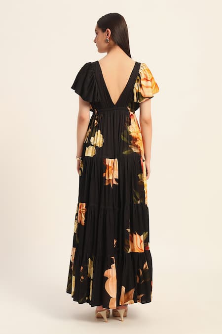 Shop Ruhr India Black Satin V-neck Floral Print Maxi Dress at Aza Fashions Shop_Ruhr India_Black Satin V-neck Floral Print Maxi Dress _at_Aza_Fashions