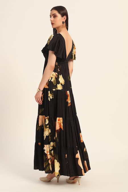 Buy Ruhr India Black Satin V-neck Floral Print Maxi Dress Online at Aza Fashions Buy_Ruhr India_Black Satin V-neck Floral Print Maxi Dress _Online_at_Aza_Fashions