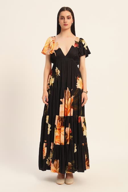 Shop Ruhr India Black Satin V-neck Floral Print Maxi Dress Online at Aza Fashions Shop_Ruhr India_Black Satin V-neck Floral Print Maxi Dress _Online_at_Aza_Fashions